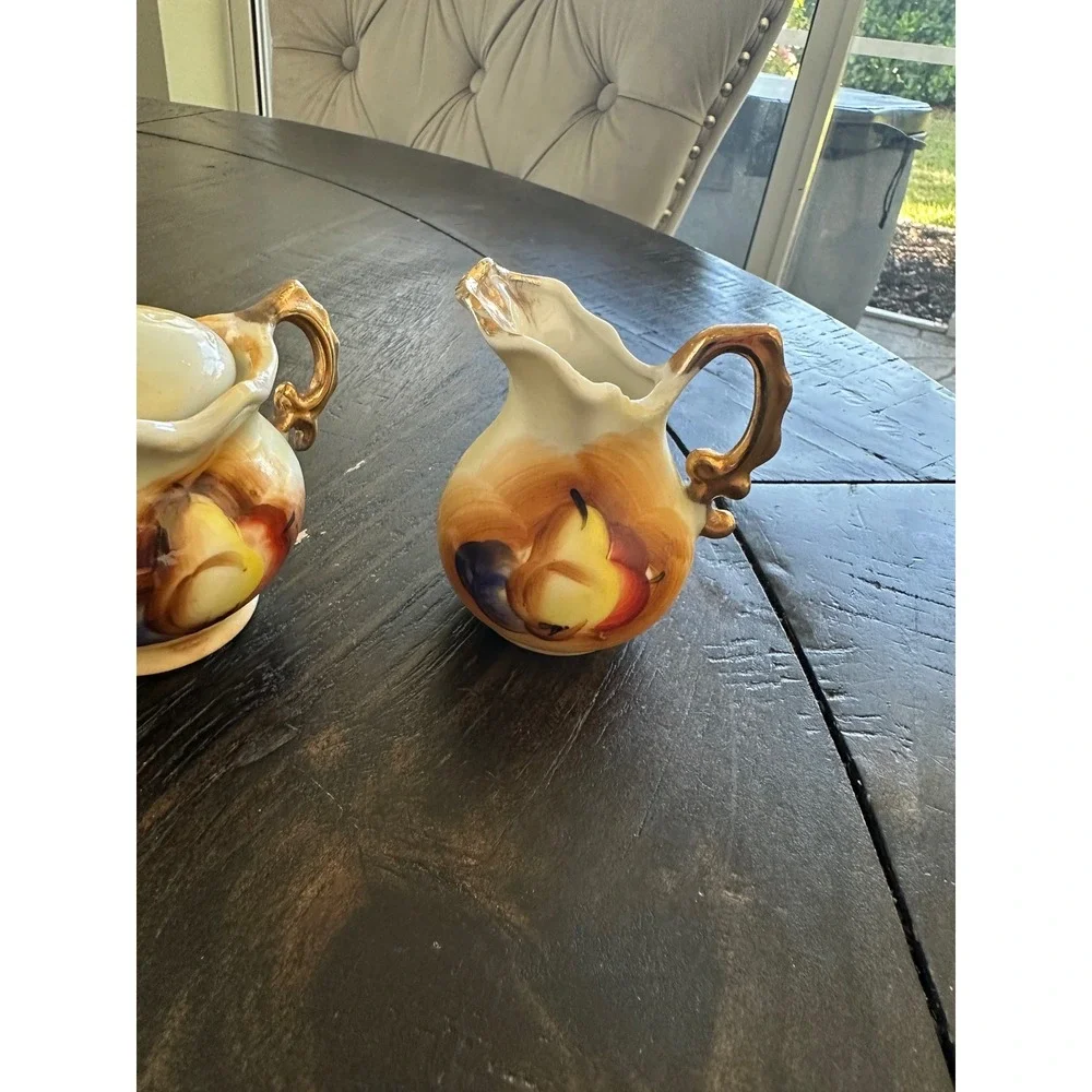 Vintage Mini Creamer Sugar Bowl Set Hand Painted Fruit Gold Trim Porcelain Japan